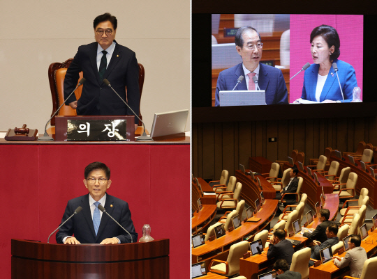 12일 국회 본회의장에서 열린 교육·사회·문화분야 대정부질문에 김문수 고용노동부 장관이 신임 국무위원으로서 첫 출석해 인사말을 하고 있다(왼쪽). 대정부질문에서 한덕수 국무총리가 남인순 더불어민주당 의원의 질의에 답변하고 있다.